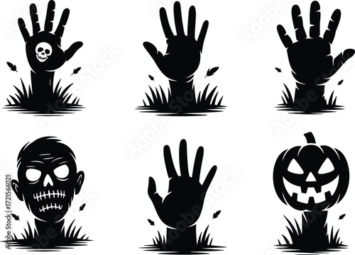 Halloween zombie hand silhouettes, spooky graveyard elements, creepy jack-o'-lantern, stitched monster head, rising from ground, eerie vector illustration, black scary icons