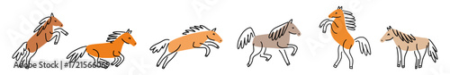Vector horizontal collection of horses hand drawn in doodle style