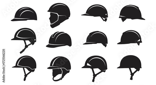Variety of helmet silhouettes displayed in a black and white arrangement