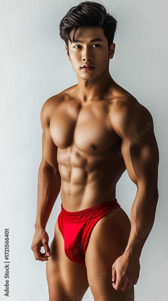 Fototapeta premium Muscular Asian Man in Red Briefs Posing Confidently