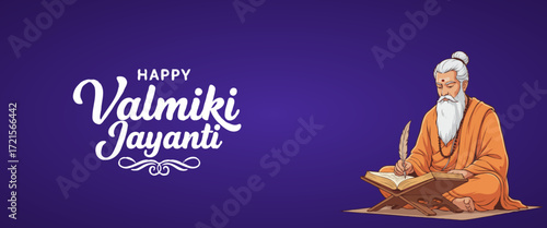 Happy Valmiki Jayanti Sage Writing Sacred Text Feather Pen Divine Wisdom Festival Hindu Literature Art Spiritual Ramayana Celebration