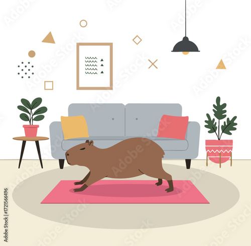 Capybara inside modern living room with sofa and plants in minimalist interior design vector illustration