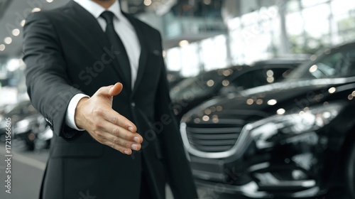Wallpaper Mural A man in a suit extending his hand in a showroom with a row of black cars. Torontodigital.ca