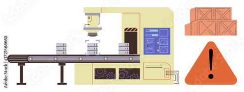 Factory machine placing boxes on a conveyor belt with warning symbol. Ideal for manufacturing, automation, quality control, safety, logistics, technology, and workflow visualization. Simple flat