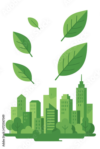 Eco-friendly urban design showcasing airborne green foliage amid city architecture