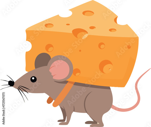 Mouse carrying large piece of cheese cartoon vector illustration with orange and brown colors on white background