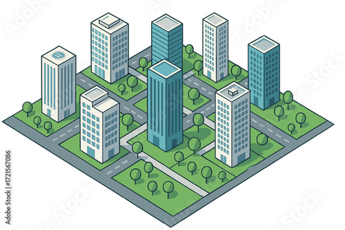 Contemporary cityscape featuring isometric skyscrapers and verdant spaces