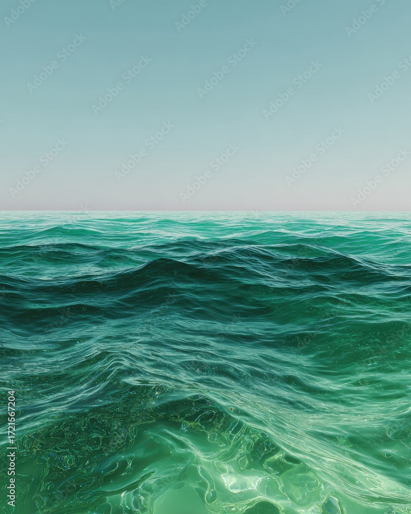 Fototapeta premium Calm, teal ocean waves gently undulate under a pale, clear sky. The water's surface shows subtle texture and transparency
