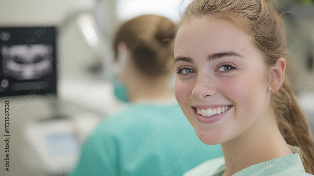 Obraz premium Portrait of a smiling woman at the dentist clinic with teeth and dental care emphasis