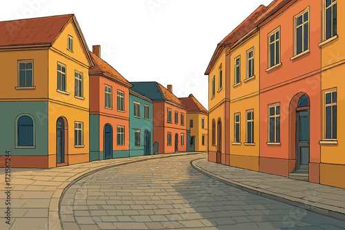 A quiet, early‑morning view of a curved cobblestone street in a vibrant European town, flanked by historic, colorful buildings