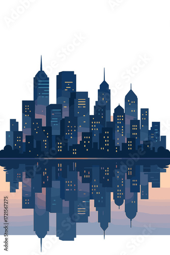 Evening twilight casts reflections of a modern city skyline over tranquil water