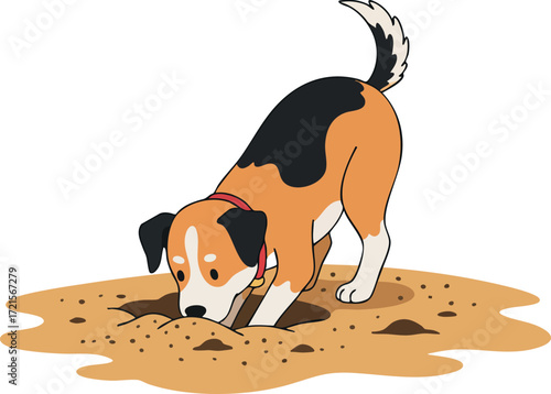 Dog digging hole in ground playful pet animal outdoors with tail up and focused expression vector illustration