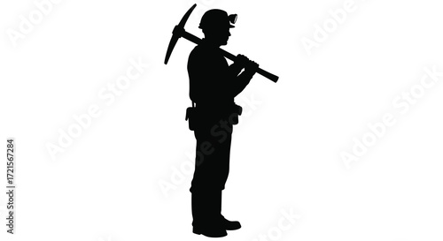 Silhouette of a miner with pickaxe against a plain white background