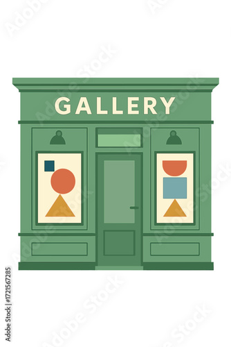 The front of the green art gallery showcases geometric artwork