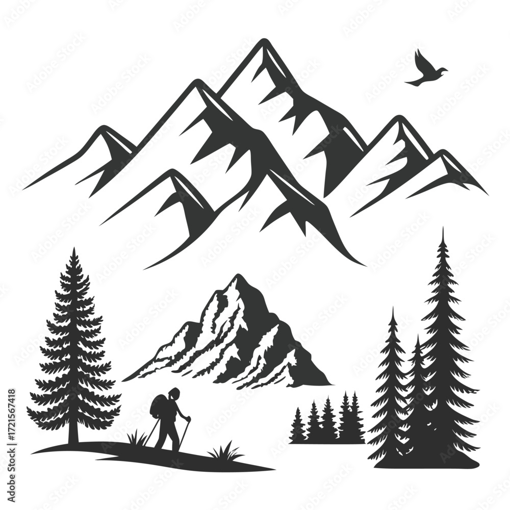 Fototapeta premium Mountain Silhouette Icons Vector Set – Minimal Nature & Adventure Elements