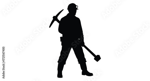 Silhouette of a miner holding a pickaxe and shovel on white