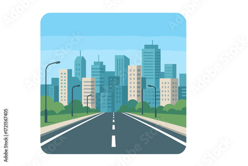 A view of the urban landscape shows an asphalt road leading to modern buildings under a clear blue sky, emphasizing the cityscape and infrastructure
