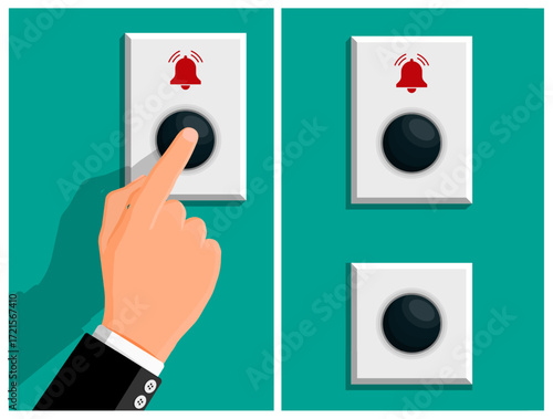 Man hand pushing doorbell button, ringing bell. Entrance notification and alert. Home security and visitor arrival concept.