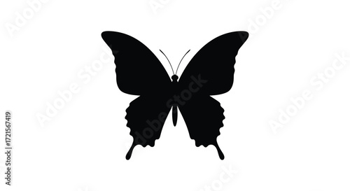 Simple black silhouette of a butterfly with outstretched wings shown clearly
