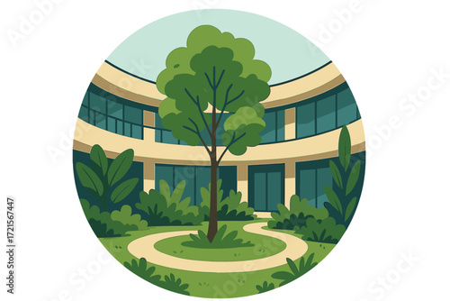 A circular inner courtyard surrounded by lush greenery and contemporary architecture