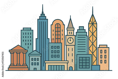 Vector Urban skyline showcases stylized buildings and architectural shapes