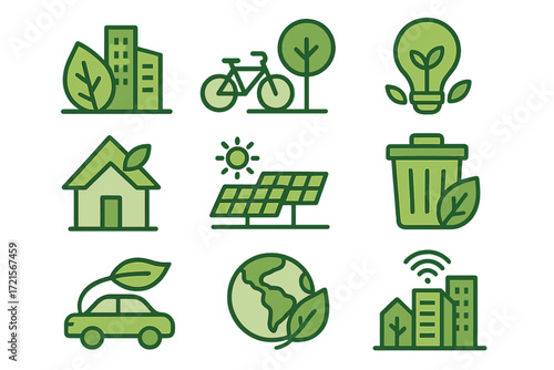Sleek, customizable Green City vector icons suitable for eco projects, sustainability, and smart urban design, ideal for modern creatives