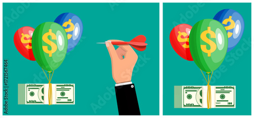 Man hand holding dart ready to pop money balloons over money stack. Financial risk target concept. Business investment.