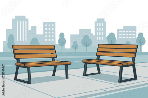 Modern wooden benches provide outdoor seating on a city street