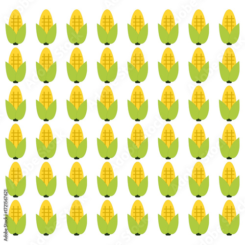 Seamless pattern vector illustration featuring uniform corn cobs with bright yellow kernels and green husks, creating a fresh, vibrant design ideal for food, farm, and nature projects.