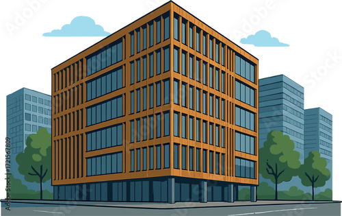 December Milan, Italy: Contemporary design of an urban office building featuring a wooden façade