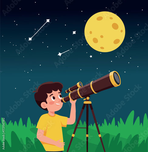 Boy observing night sky through telescope stargazing with full moon and stars vector illustration