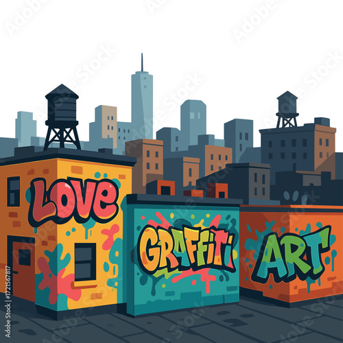 Illustration of a cityscape featuring vibrant graffiti art on urban rooftops