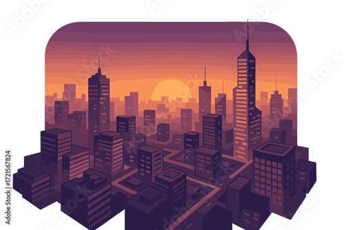 A twilight aerial view of a futuristic cityscape, showcasing an urban planning concept