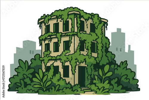 Ruined building choked with lush vegetation in a city environment