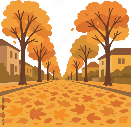 A quiet street is blanketed by fallen leaves, forming a vibrant autumn carpet