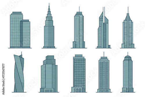 A collection of eight intricately designed modern skyscrapers