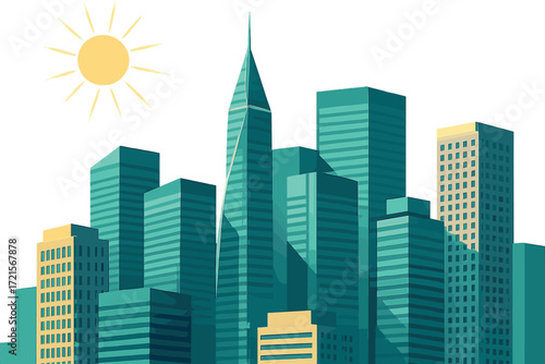 Modern skyscrapers bathed in sunlight shape the urban cityscape