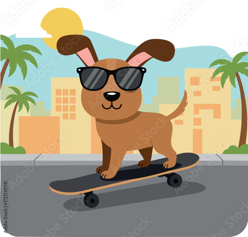 Cool brown dog wearing sunglasses skateboarding in urban city street with palm trees and sunset background vector illustration