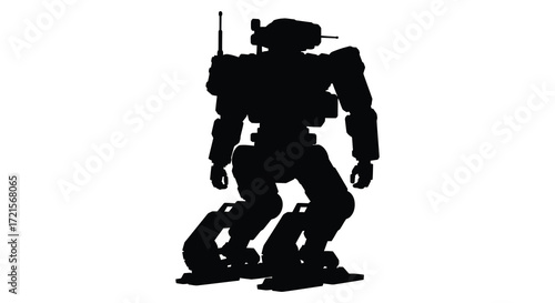 A stark silhouette of a futuristic robotic figure against a white backdrop