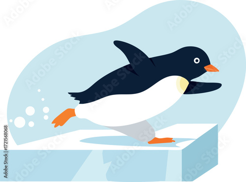 Penguin sliding on ice block vector illustration with blue background and orange beak and feet in minimal style