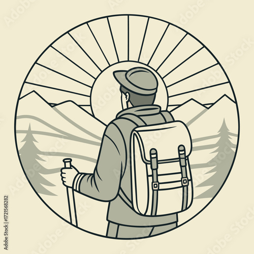 Vector art of hiker with backpack and trekking pole walking towards the sun in a circular landscape illustration