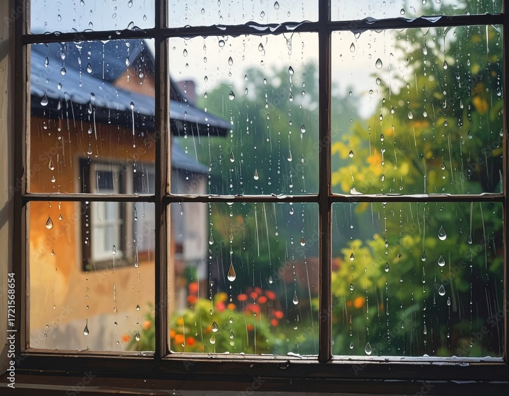 Naklejka premium Regentropfen laufen langsam an Fensterscheiben herunter.