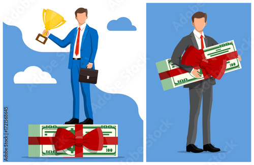 Man standing on money stack holding golden trophy. Businessman getting money prize. Financial success and award concept.