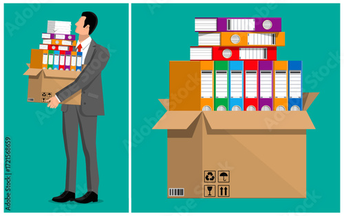 Businessman carrying a box with file folders. Office move or document archive concept. Business relocation illustration.