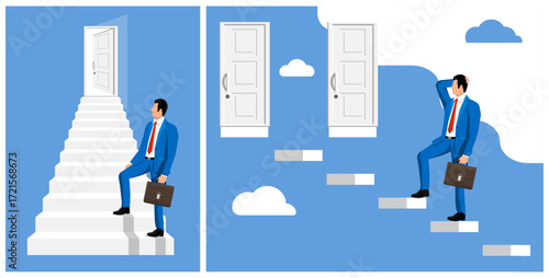 Businessman climbing stairs to open door and another man facing choices. Career path opportunities concept in flat style.