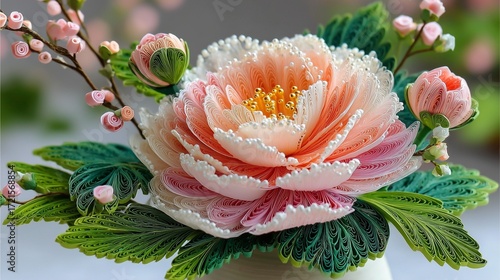 Paper quilling art of a blooming peony flower with layered petals in soft pink, coral, and ivory tones, surrounded by delicate green leaves made with curled paper strips
