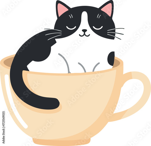 Cat sleeping inside beige coffee cup cute cozy pet vector illustration