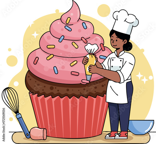 Female chef decorating giant cupcake with pink icing and sprinkles in kitchen vector illustration