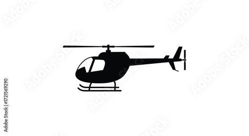 Simple black silhouette of a helicopter with rotor blades and landing skids