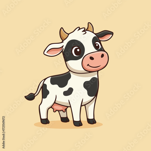 Cartoon cow character standing cute farm animal illustration for kids design projects